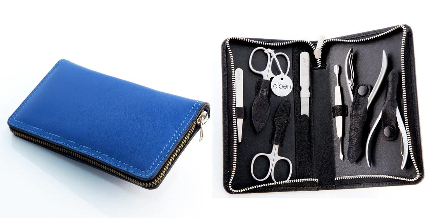 Alpen Set manicure pedicure in pelle blu 7 strumenti 6825 acciaio nichelato, finitura lucida