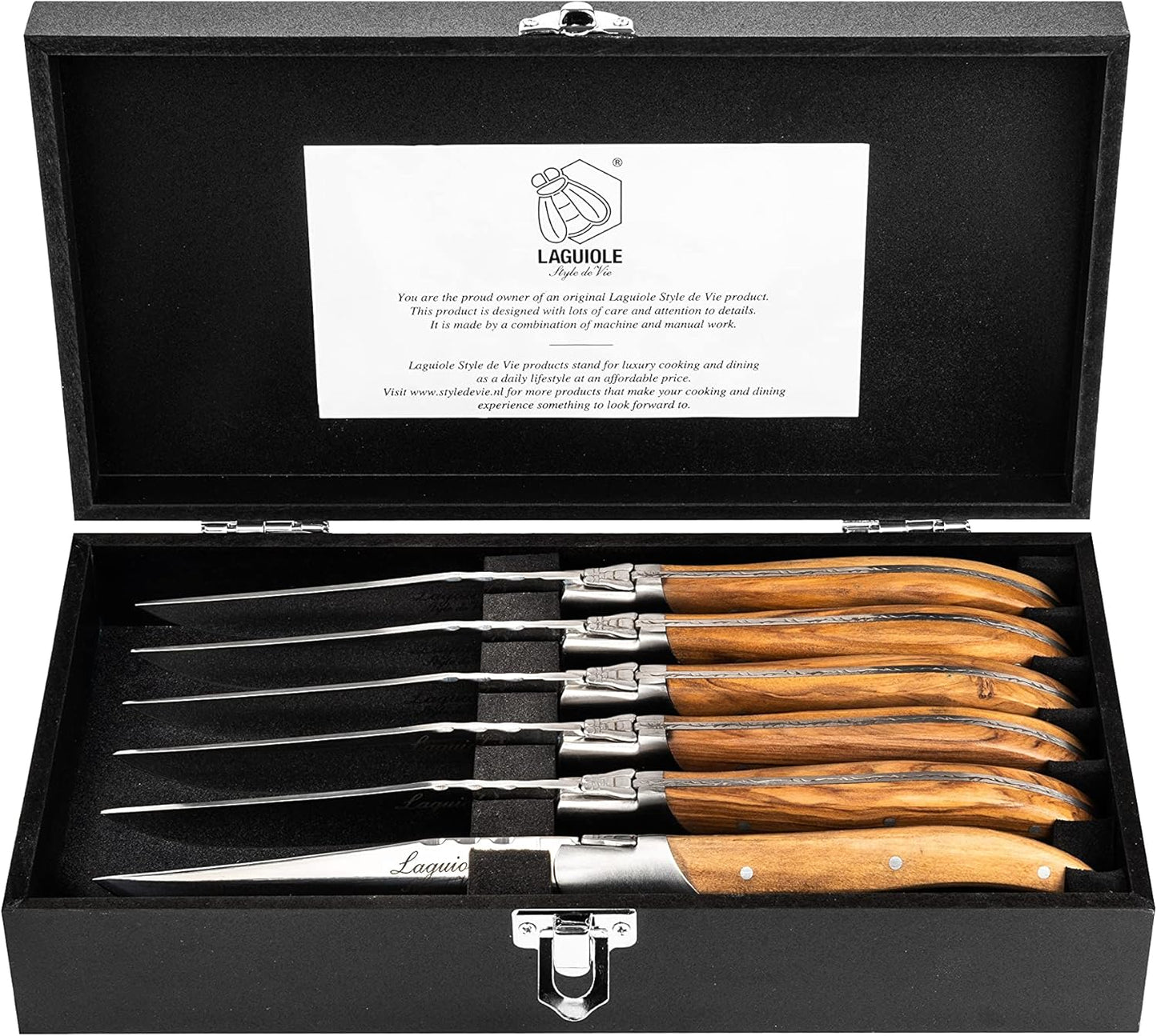 Laguiole Style Set 6 coltelli da bistecca "Luxury Line" i impugnatura in legno di ulivo lama cm 10,5