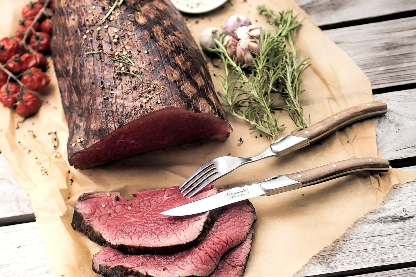 Laguiole Style Set 6 coltelli da bistecca "Luxury Line" i impugnatura in legno di ulivo lama cm 10,5