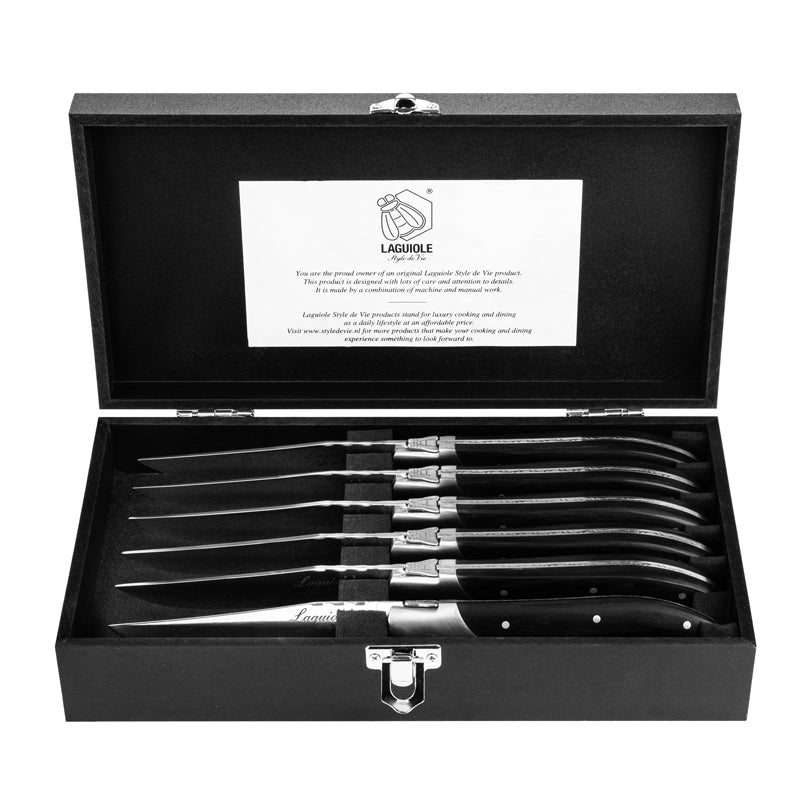 Laguiole Style Set 6 coltelli da bistecca "Luxury Line" i impugnatura in pakkawood nero lama cm 10,5