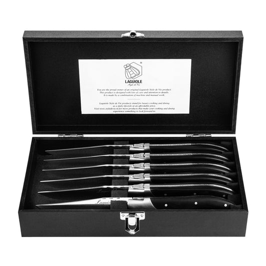 Laguiole Style Set 6 coltelli da bistecca "Luxury Line" i impugnatura in pakkawood nero lama cm 10,5