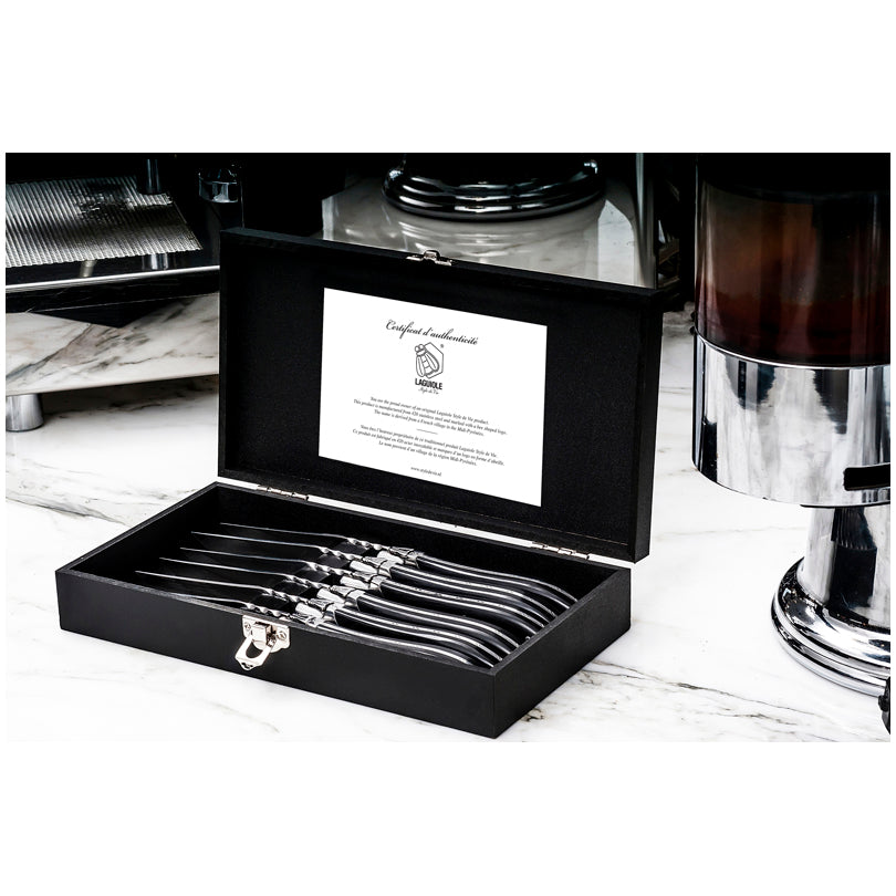 Laguiole Style Set 6 coltelli da bistecca "Luxury Line" i impugnatura in pakkawood nero lama cm 10,5