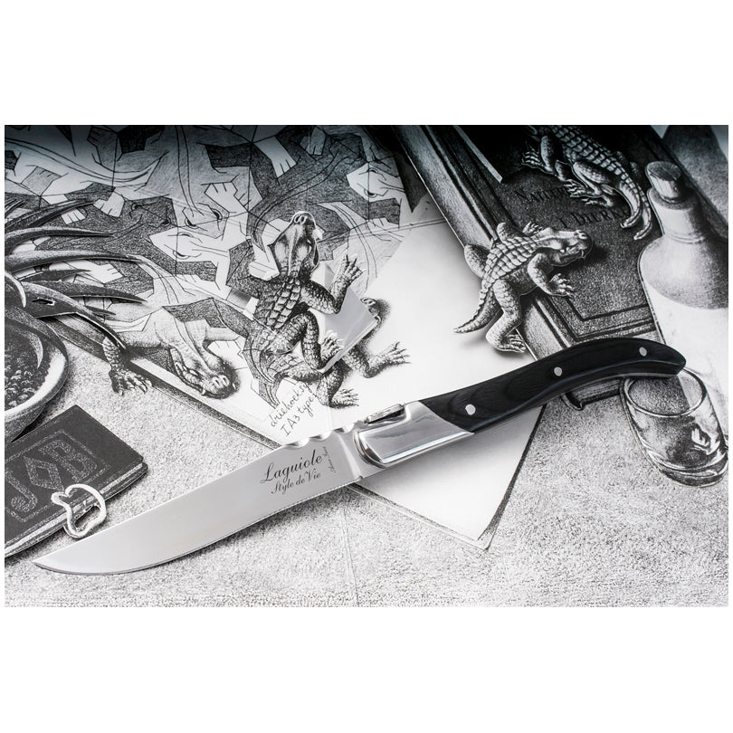 Laguiole Style Set 6 coltelli da bistecca "Luxury Line" i impugnatura in pakkawood nero lama cm 10,5