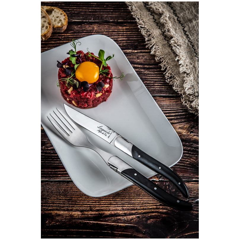 Laguiole Style Set 6 coltelli da bistecca "Luxury Line" i impugnatura in pakkawood nero lama cm 10,5