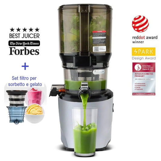 Kuvings Slow Juicer AUTO10S, silver, estrattore a freddo 50 giri al minuto + Ice Cream – Filtro per Gelati e Sorbetti