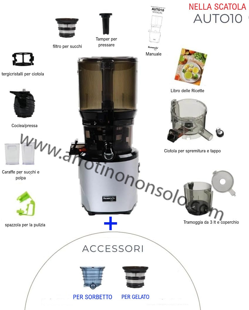 Kuvings Slow Juicer AUTO10S, silver, estrattore a freddo 50 giri al minuto + Ice Cream – Filtro per Gelati e Sorbetti