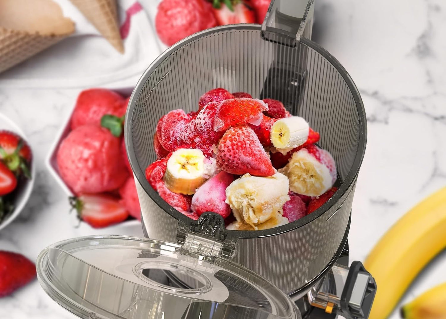Kuvings Slow Juicer AUTO10S, silver, estrattore a freddo 50 giri al minuto + Ice Cream – Filtro per Gelati e Sorbetti