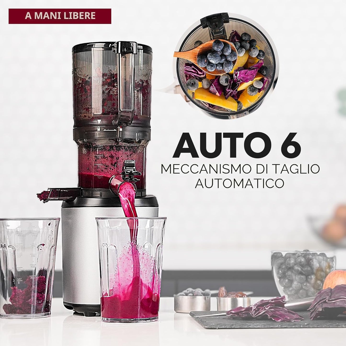 Kuvings AUTO6 Estrattore 200W Silver, Slow Juicer Automatico con Filtro da Gelato black