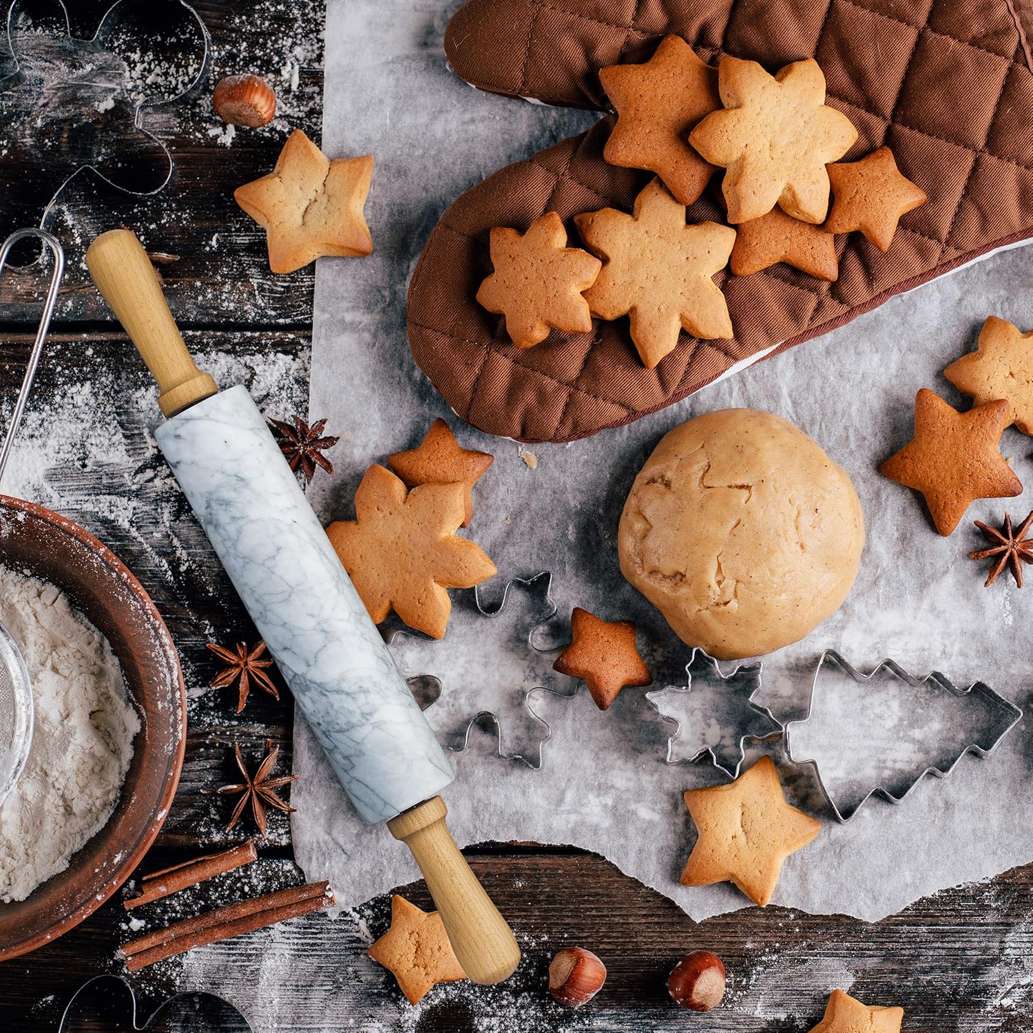 Mattarello in marmo con manico in legno girevole kg 2,18 Ø 5,9cm