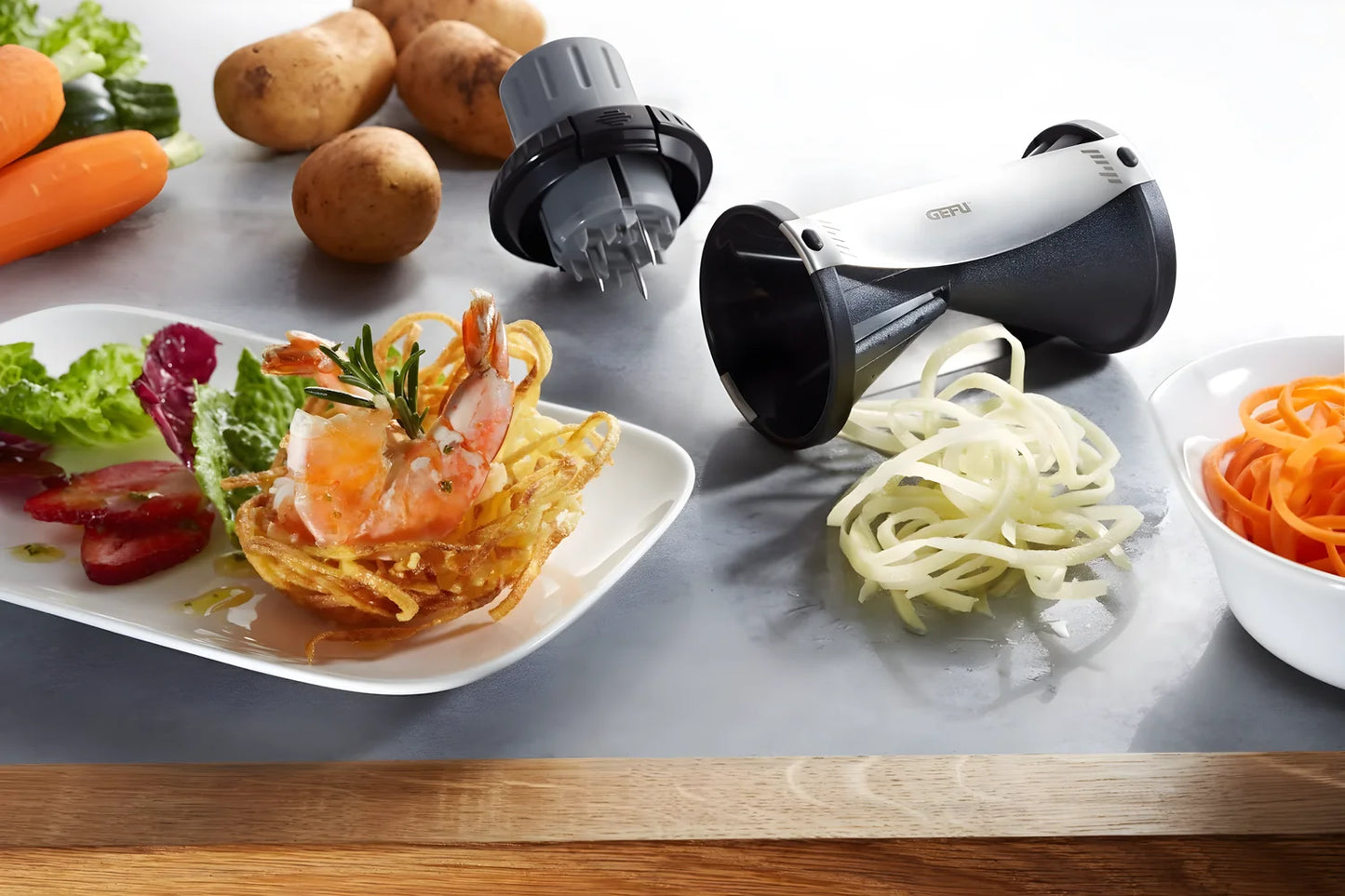 Gefu affettatrice spirale per vegetali + pelapatate e scovolino