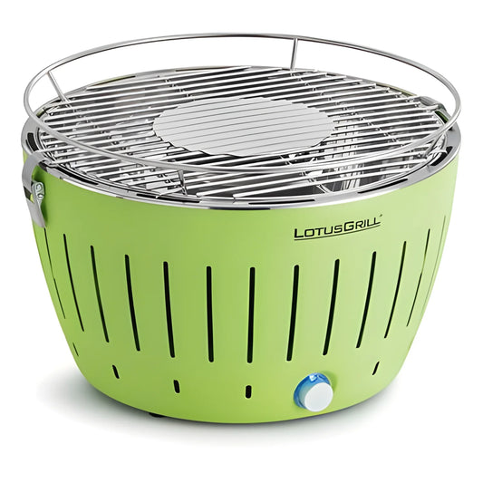 LotusGrill LG G34 U GR Barbecue a Carbone USB Ø32 cm con Kit per partire (Carbonella, Gel accensione e Pinza) Portatile Senza Fumo per Balcone e Outdoor verde