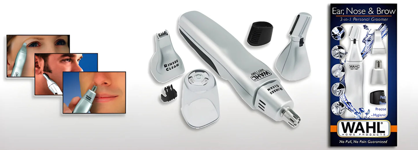 Wahl Trimmer Rasoio a batteria per peli naso, orecchie, sopracciglia con 3 testine