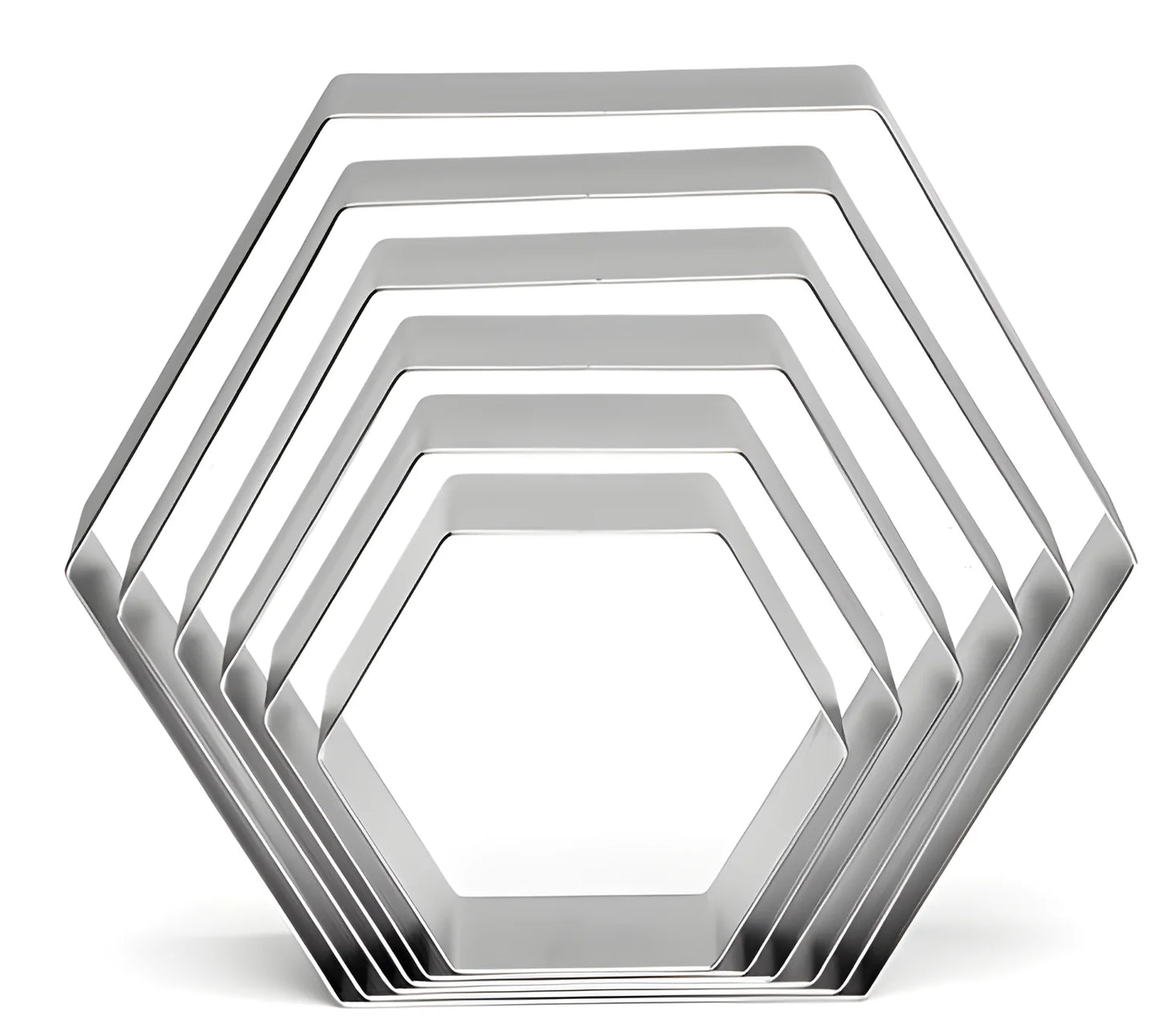 Set di sei esagoni in acciaio inox da 3,5 a 9 cm. alti 2 cm.