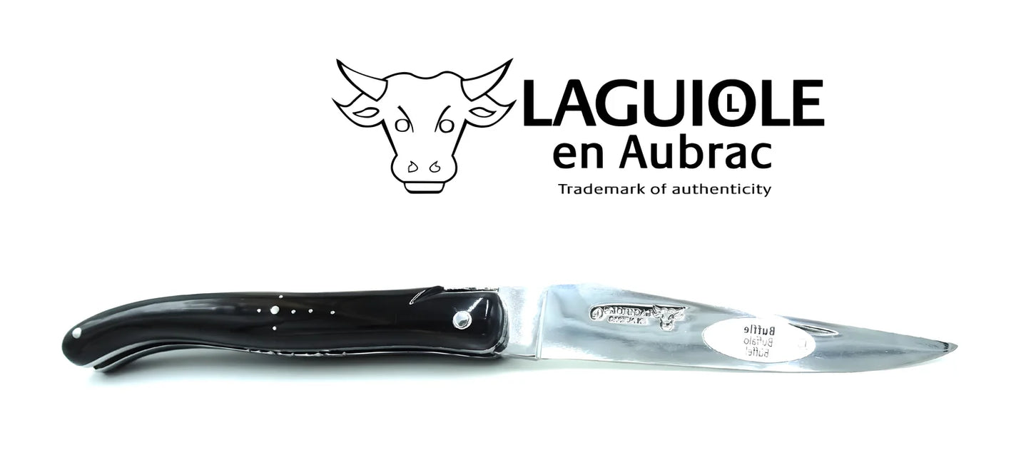 Laguiole Coltello 12 cm manico pieno punta corno doppia placcatura molla a spirale