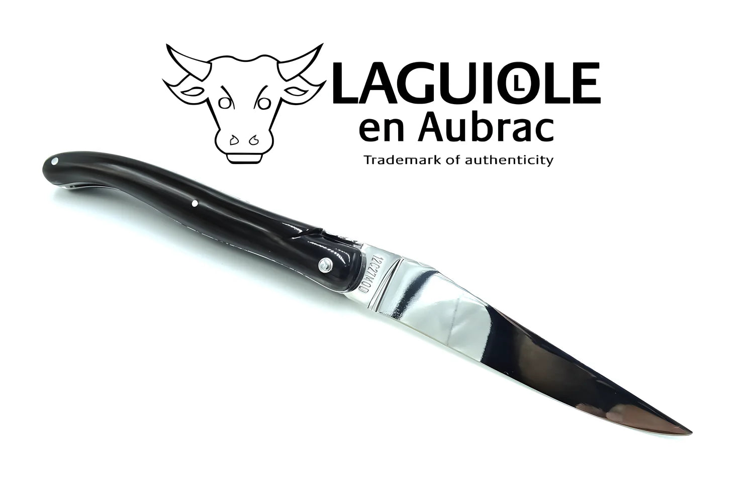 Laguiole Coltello 12 cm manico pieno punta corno doppia placcatura molla a spirale