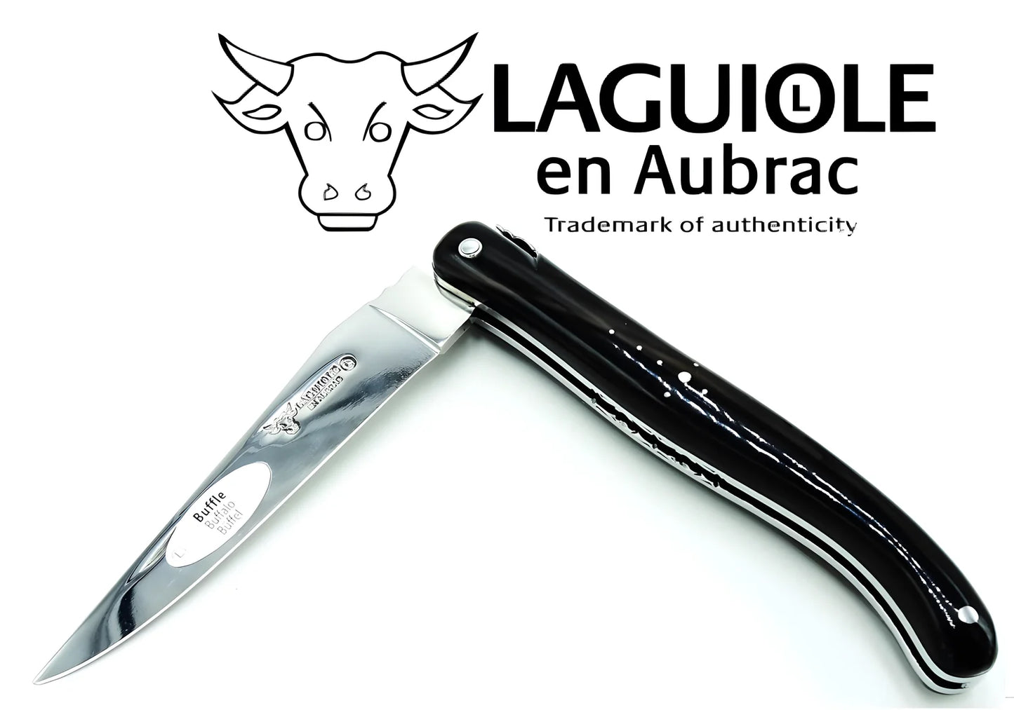 Laguiole Coltello 12 cm manico pieno punta corno doppia placcatura molla a spirale