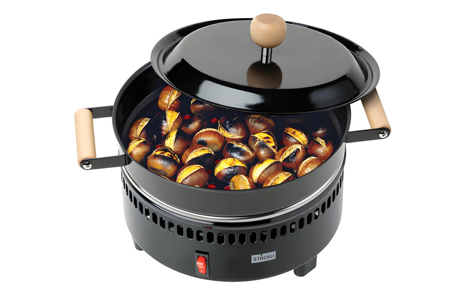 Stockli Forno per castagne VDE manici in legno + piastra multiuso