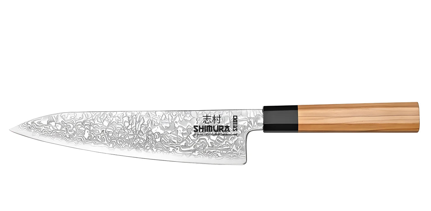 Shimura Pro Seido Miyuki coltello da cuoco Chef damascato 67 strati impugnatura legno di ulivo 8,5"/22 cm