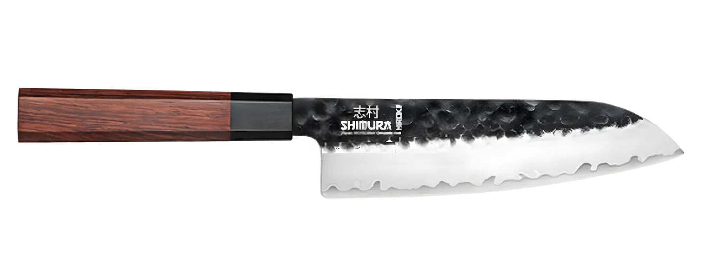 Shimura HIROKI coltello Santoku damascato martellato tre starti 7,5"/19 cm