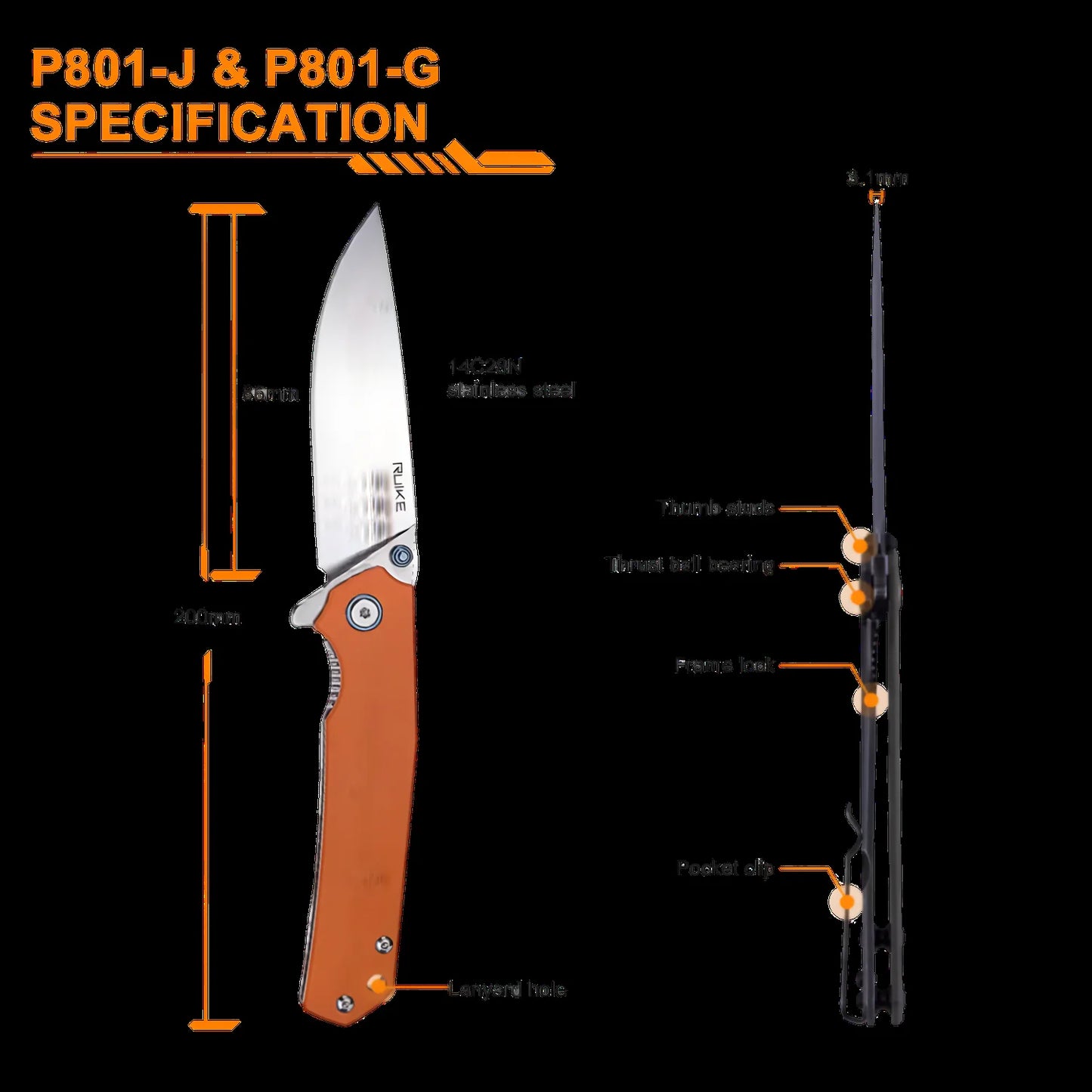 RUIKE P801J Coltello serramanico con blocco lama Manici G10 arancione