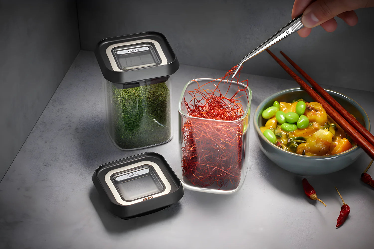 Gefu Set di tre barattoli in vetro borosilicato per dispensa con tappo trasparente ermetico impilabile PANTRY mini 12811