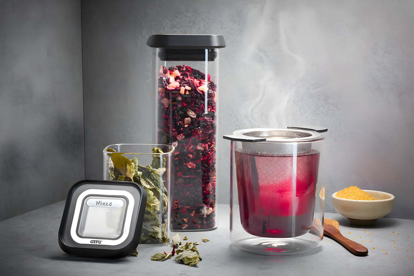 Gefu Set di tre barattoli in vetro borosilicato per dispensa con tappo trasparente ermetico impilabile PANTRY mini 12811