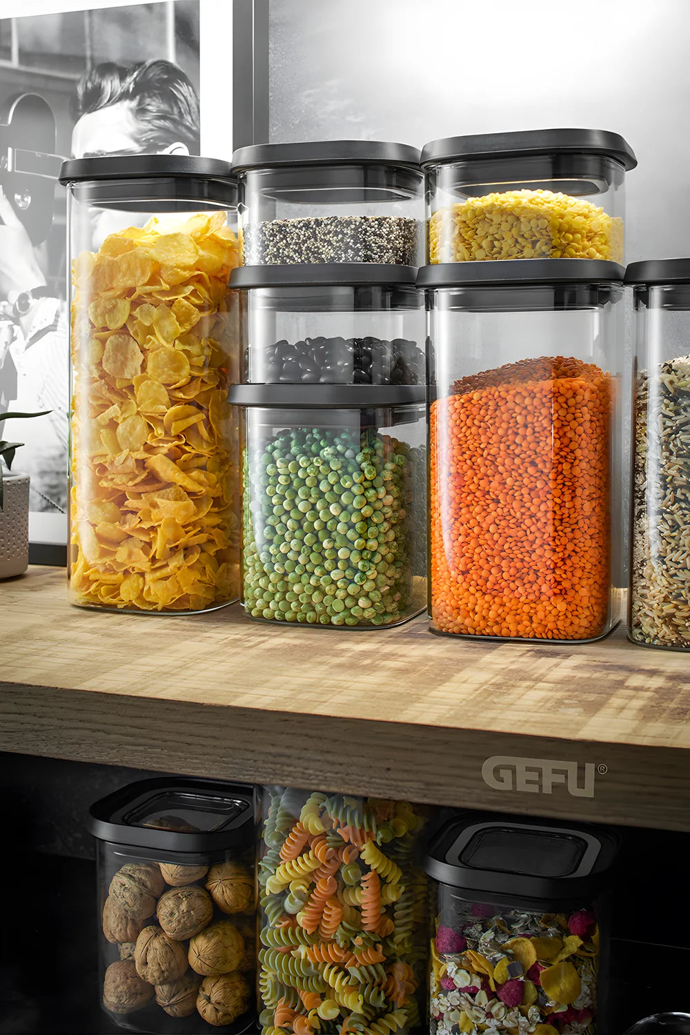 Gefu contenitore in vetro borosilicato per dispensa con tappo trasparente ermetico impilabile PANTRY 2500 ml 12805