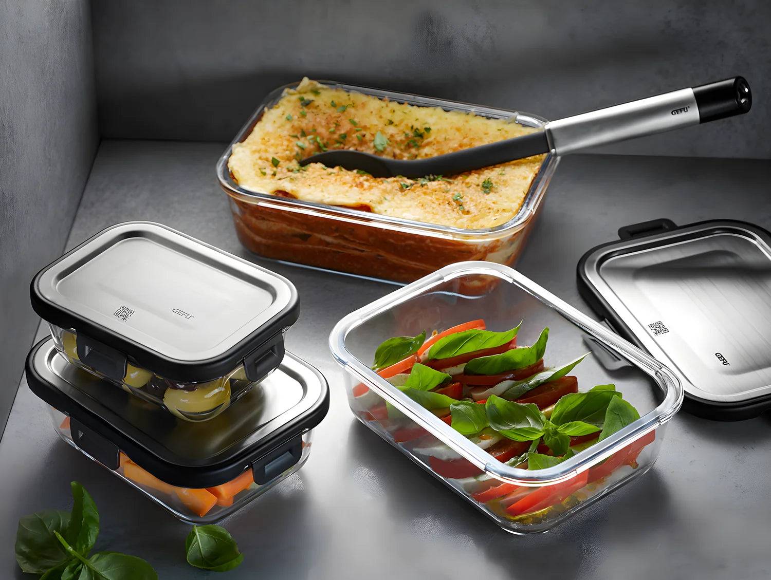 Gefu set di tre contenitore in vetro borosilicato per dispensa con coperchio ermetico impilabile MILO 12799