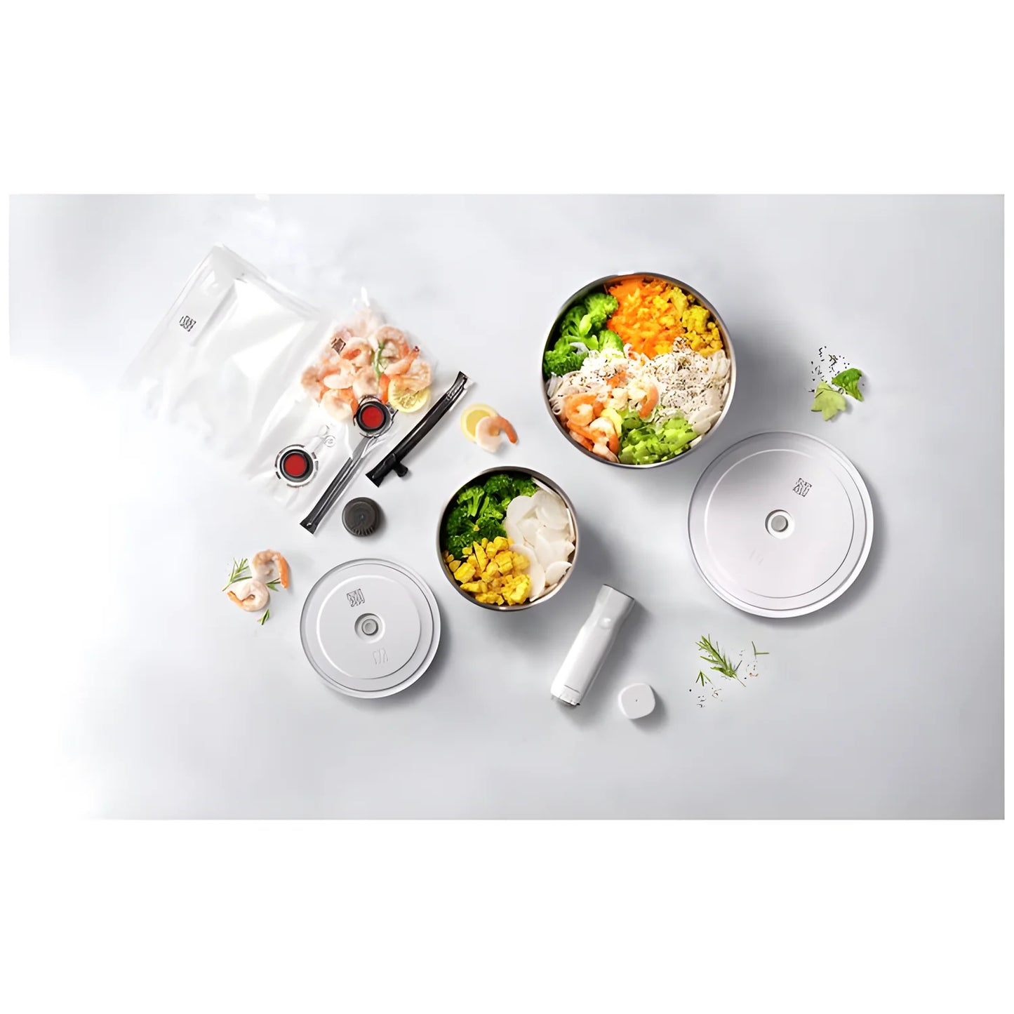 Zwilling Fresh & Save BOWLS Starterset – 9 Pezzi con Pompa Sottovuoto, 2 Ciotole Inox M/L + Buste, Bianco-Acciaio, Art. 1031015
