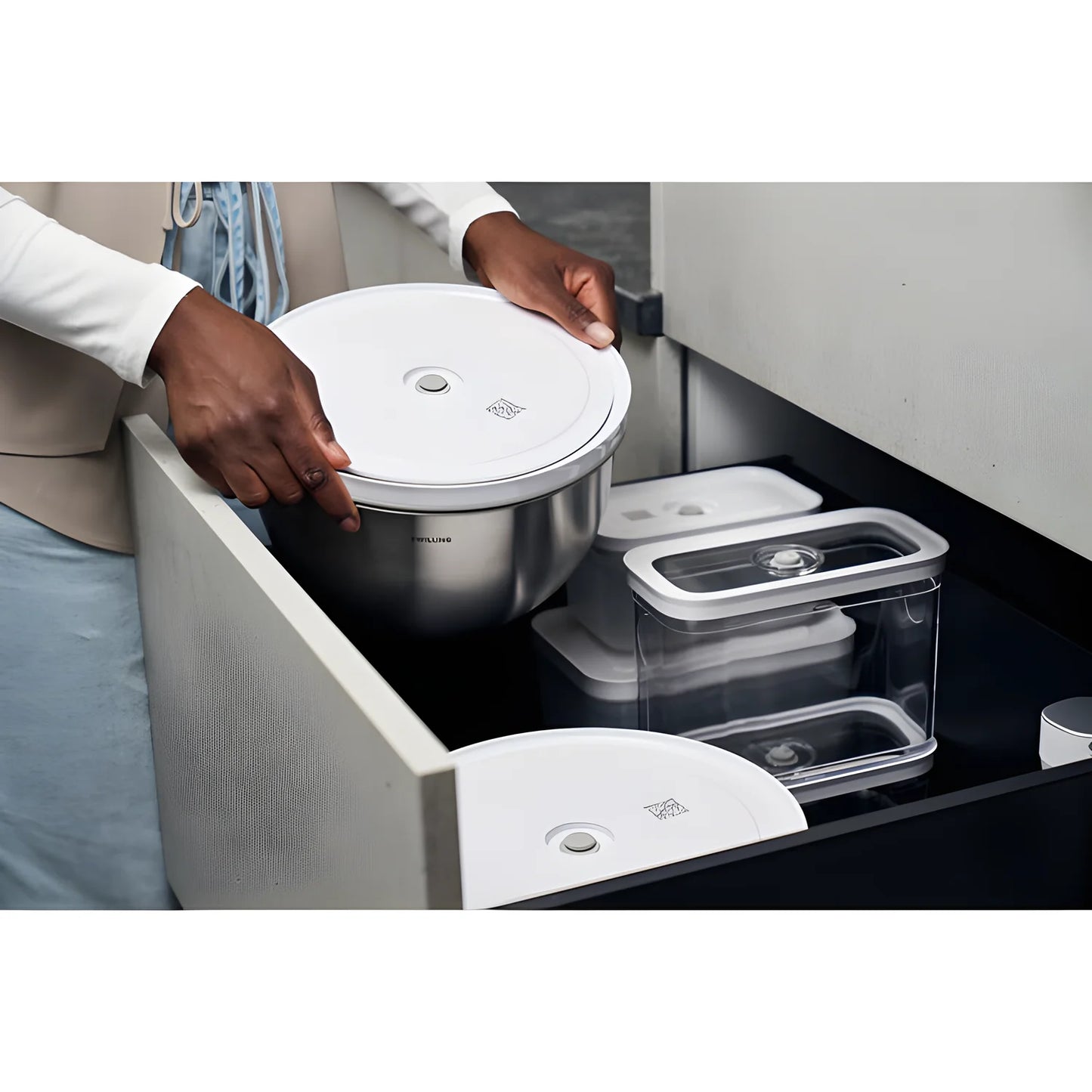 Zwilling Fresh & Save BOWLS Starterset – 9 Pezzi con Pompa Sottovuoto, 2 Ciotole Inox M/L + Buste, Bianco-Acciaio, Art. 1031015