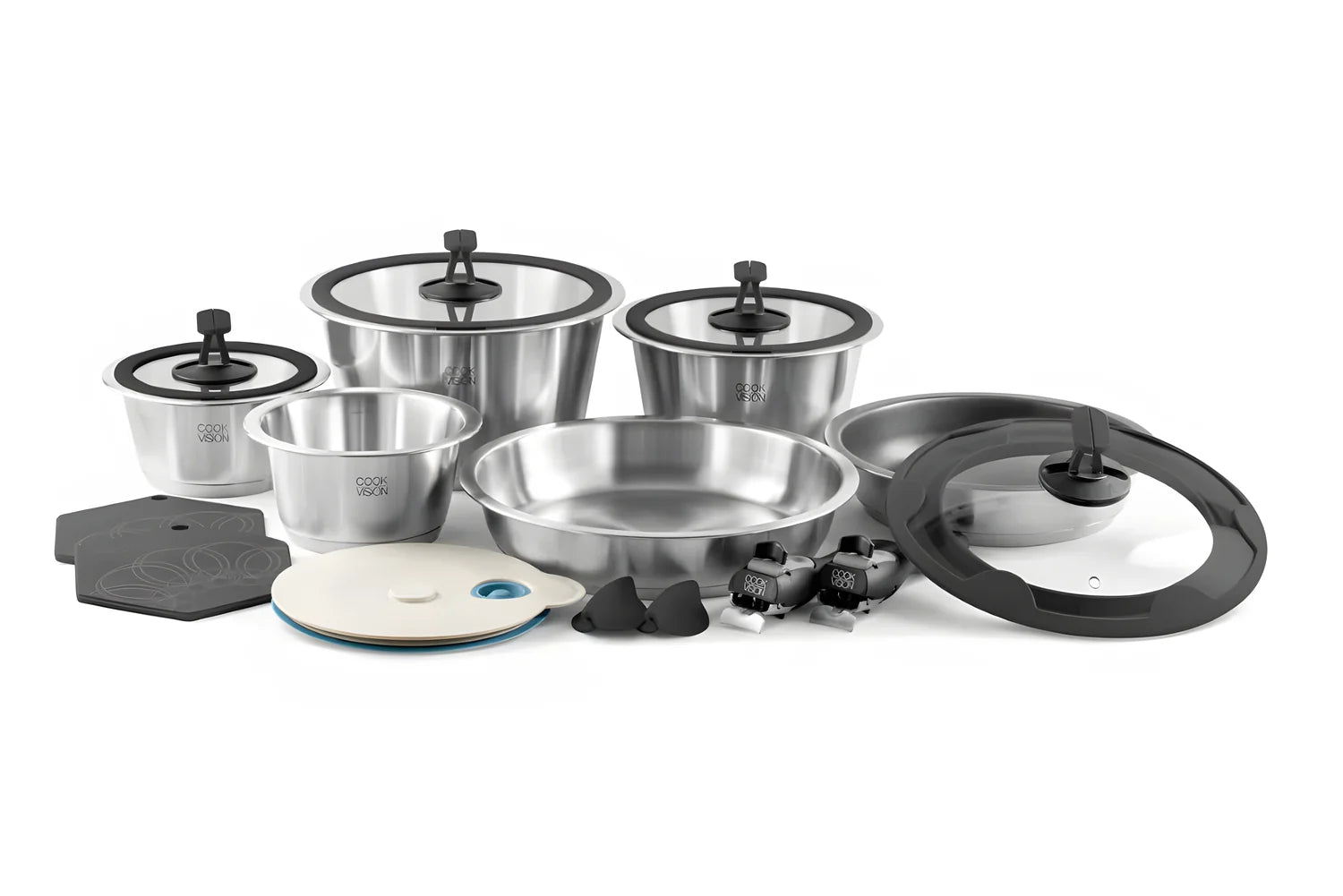 Cookvision Familia Nesto | Batteria Pentole Salvaspazio 17 Pezzi | Acciaio Inox 18/10 | Induzione