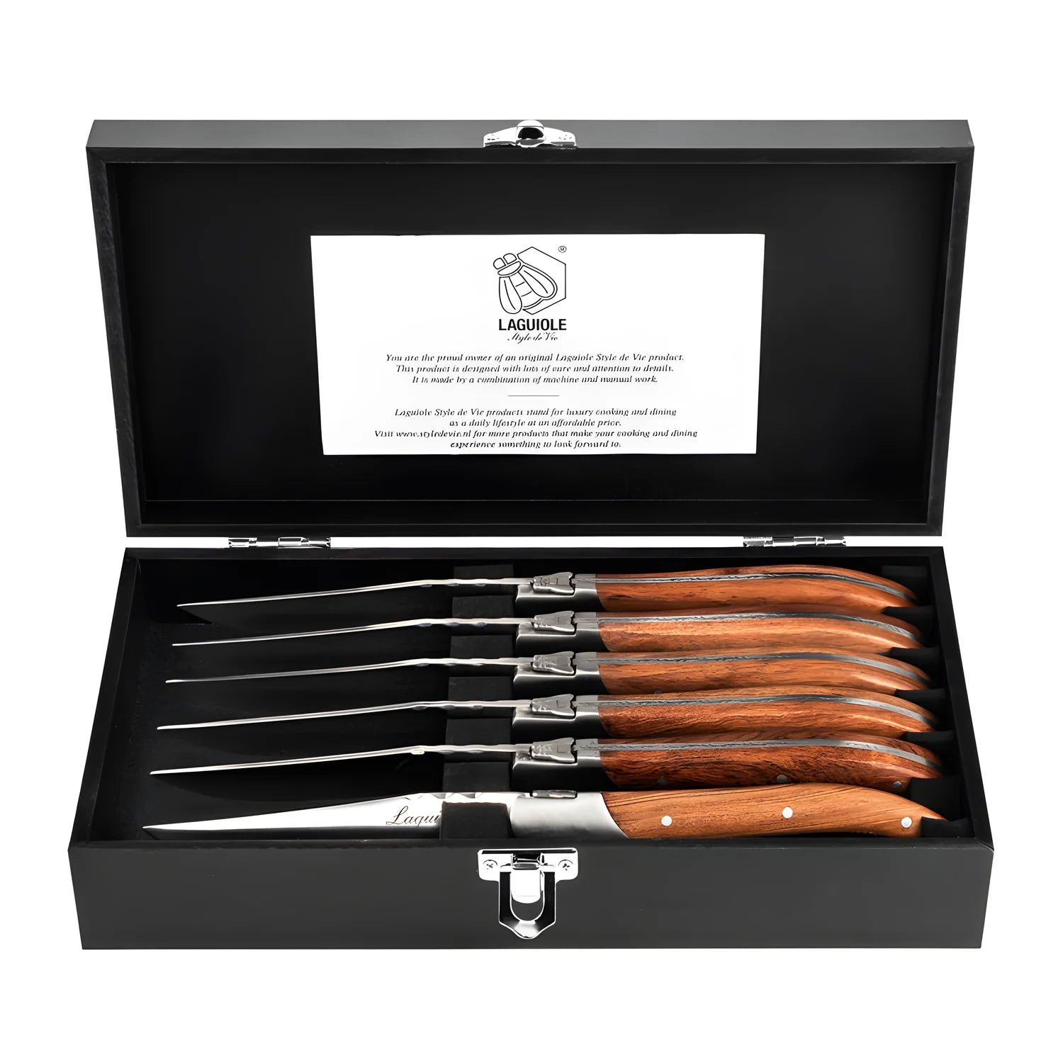 Laguiole Style Set 6 coltelli da bistecca "Luxury Line" i impugnatura in pakkawood rose lama cm 10,5