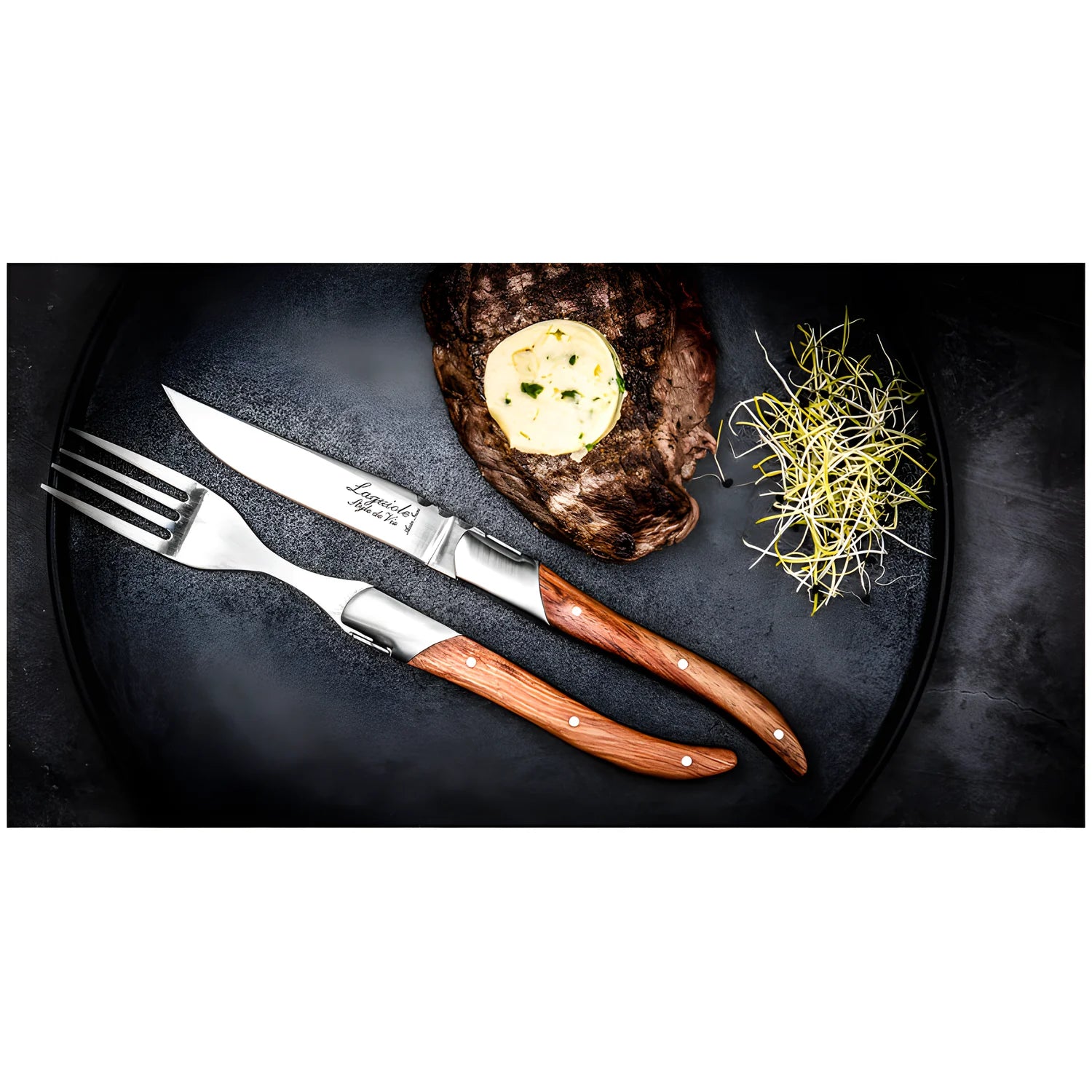 Laguiole Style Set 6 coltelli da bistecca "Luxury Line" i impugnatura in pakkawood rose lama cm 10,5