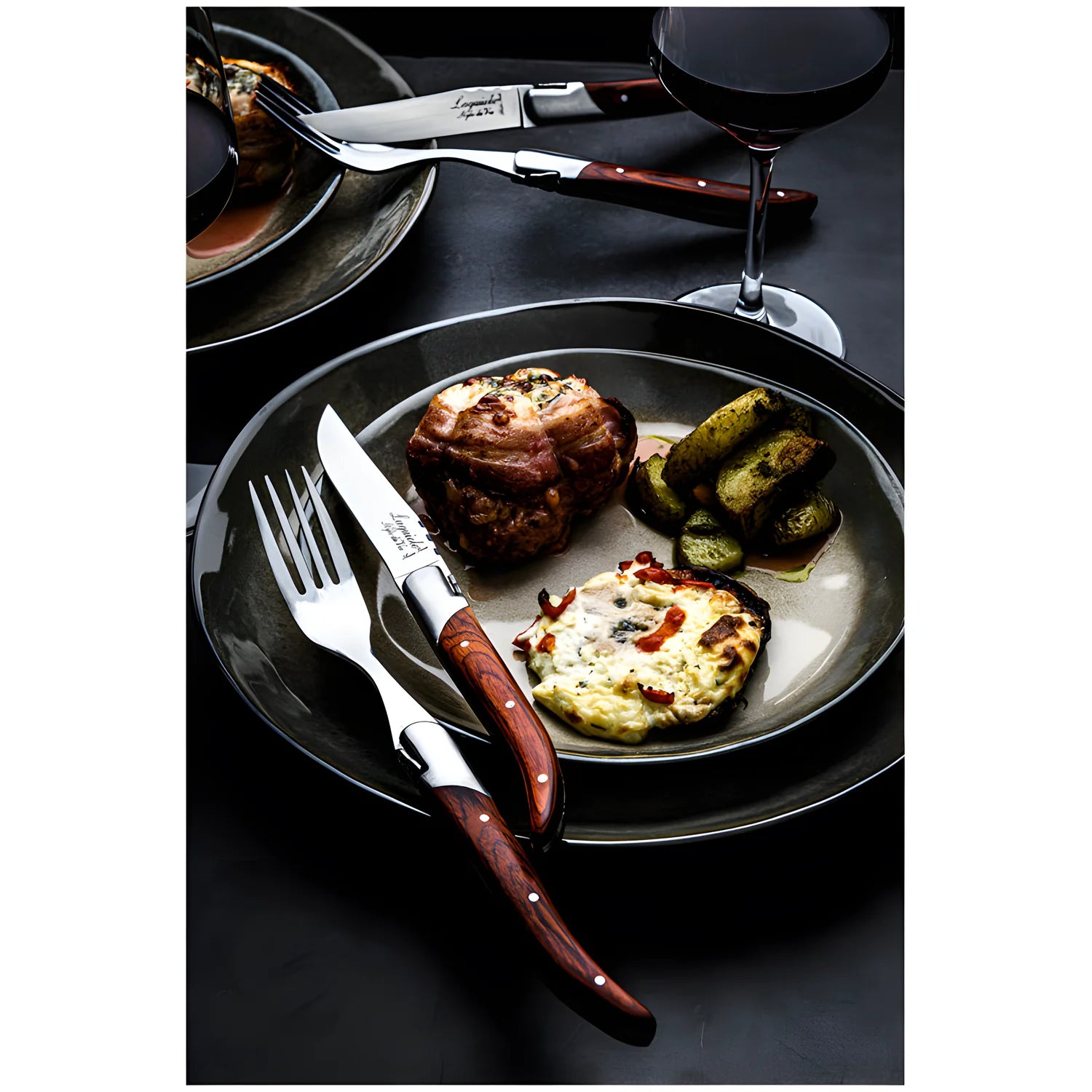 Laguiole Style Set 6 coltelli da bistecca "Luxury Line" i impugnatura in pakkawood rose lama cm 10,5