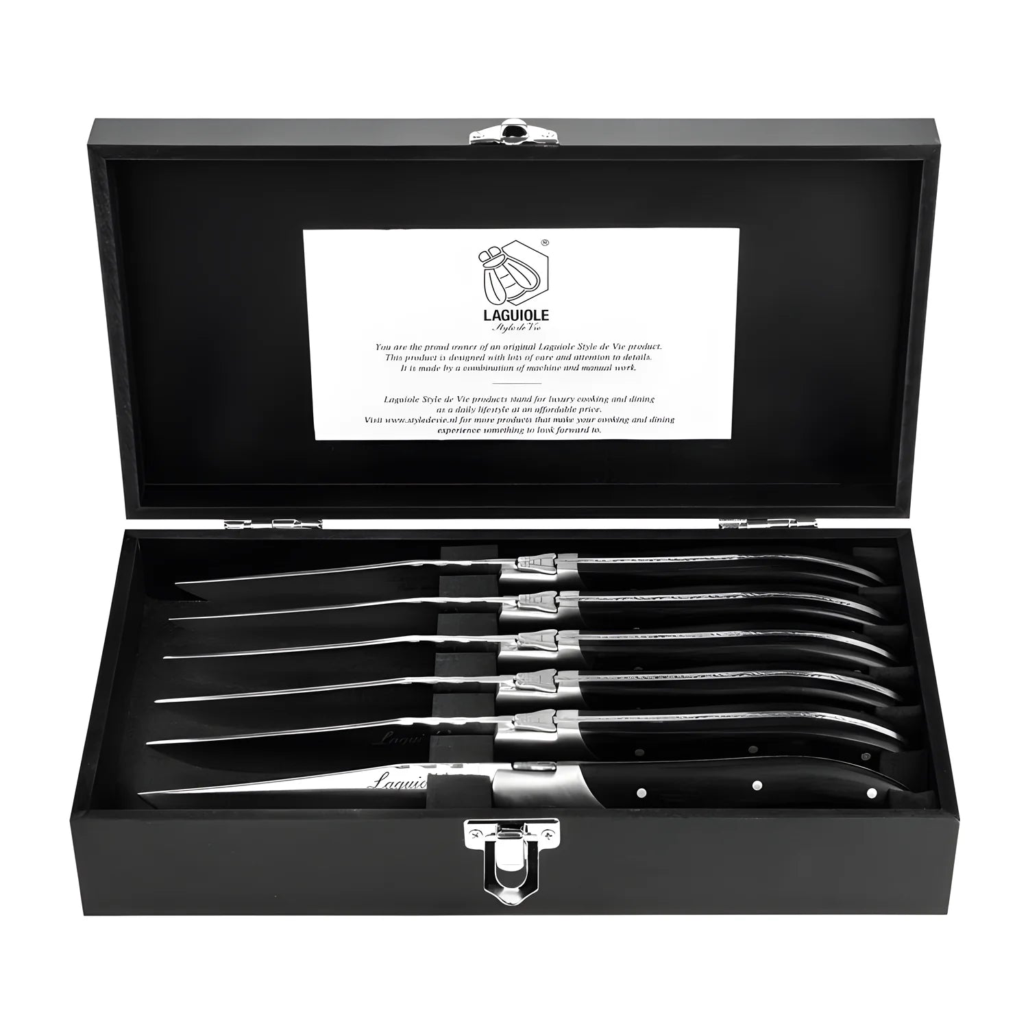Laguiole Style Set 6 coltelli da bistecca "Luxury Line" i impugnatura in pakkawood nero lama cm 10,5