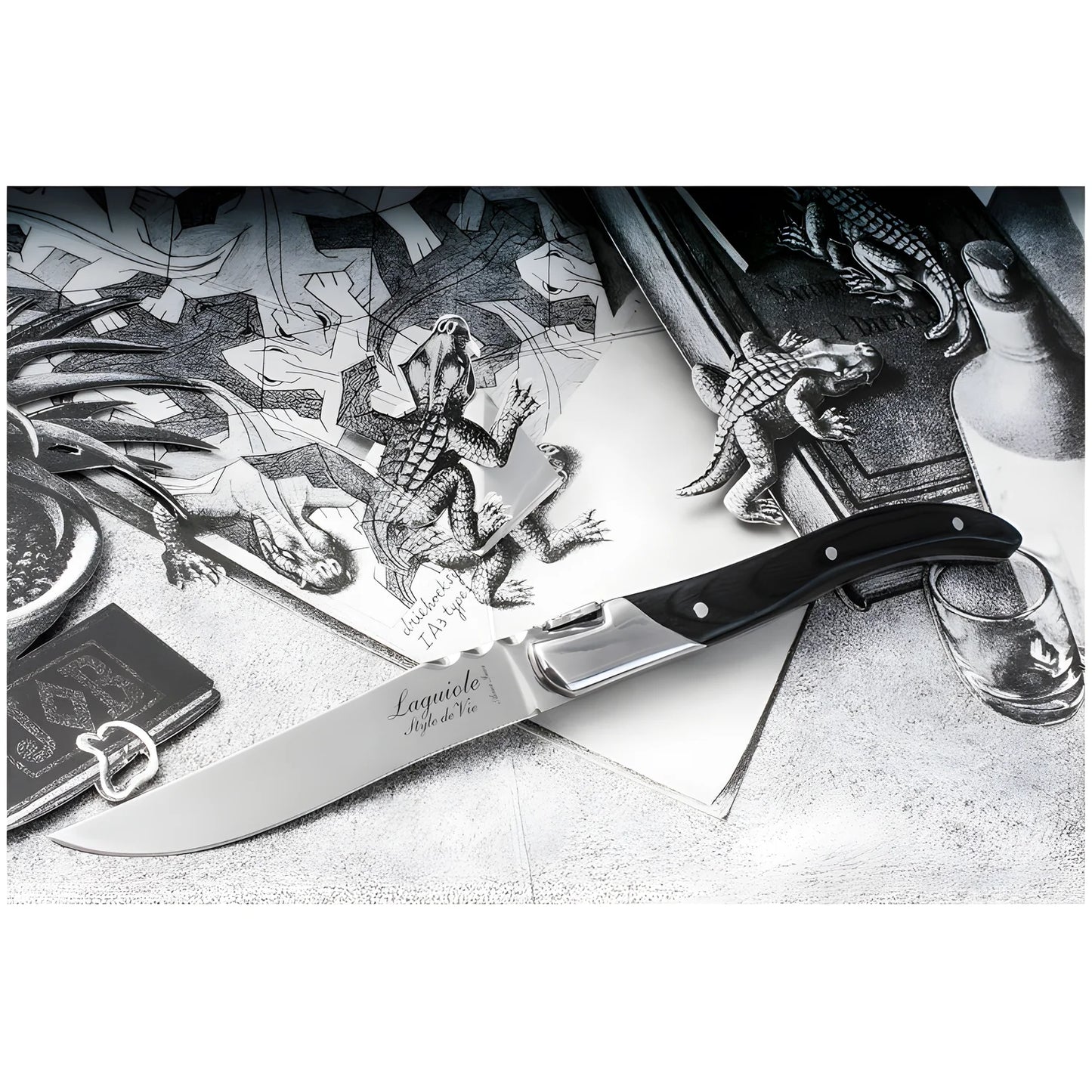 Laguiole Style Set 6 coltelli da bistecca "Luxury Line" i impugnatura in pakkawood nero lama cm 10,5