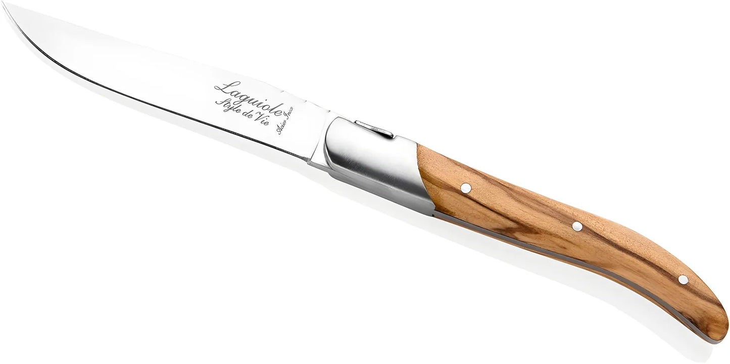 Laguiole Style Set 6 coltelli da bistecca "Luxury Line" i impugnatura in legno di ulivo lama cm 10,5
