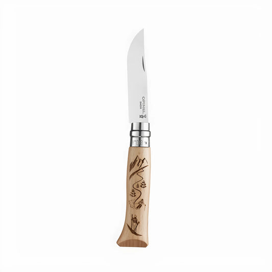 Opinel coltello N°08 manico con incisione che racconta lo Sci