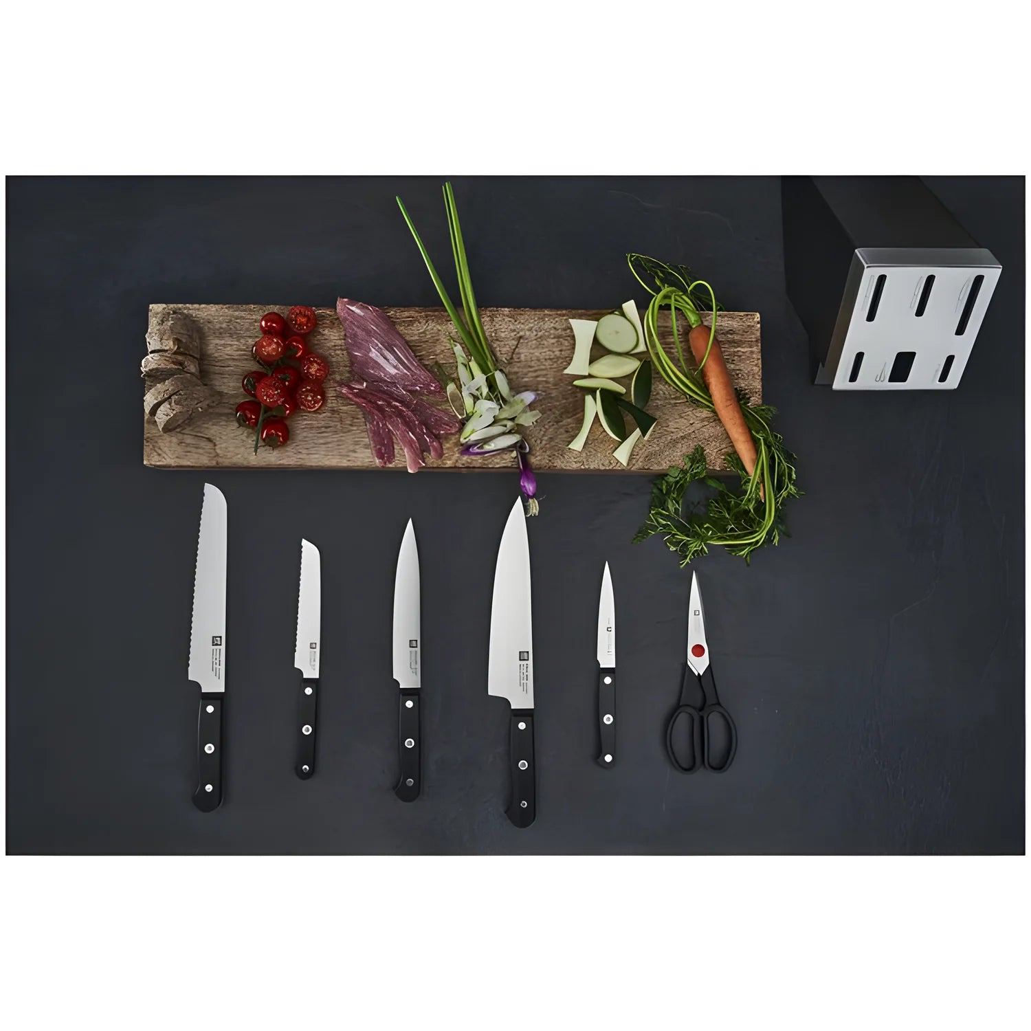Zwilling Gourmet Set 7 Pezzi con Ceppo Grigio Autoaffilante – 5 Coltelli + Forbice, Art. 36133-410