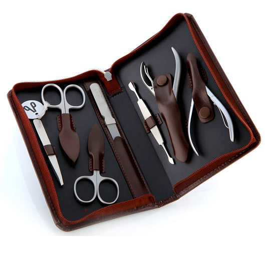 Alpen set manicure da 7 pezzi inox astuccio in pelle marrone 6825R