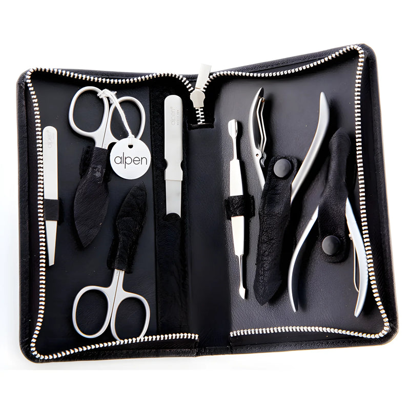 Alpen set manicure da 7 pezzi inox astuccio in pelle nero 6825R