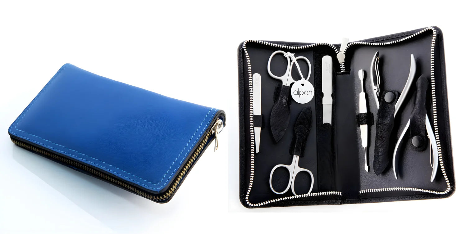 Alpen Set manicure pedicure in pelle blu 7 strumenti 6825 acciaio nichelato, finitura lucida