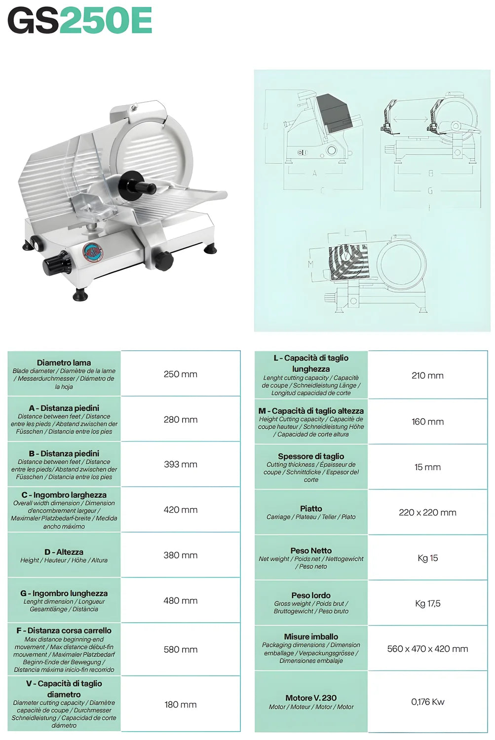 Mistro Affettatrice Elettrica Personalizzabile – Scegliere il Colore, a Gravità GS 250 E diametro lama 250 mm Made in Italy