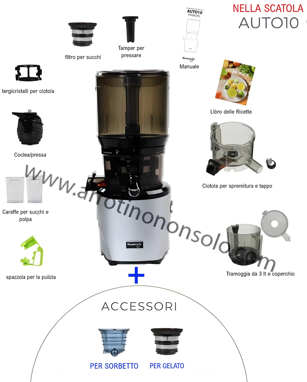 Kuvings Slow Juicer AUTO10S, silver, estrattore a freddo 50 giri al minuto + Ice Cream – Filtro per Gelati e Sorbetti