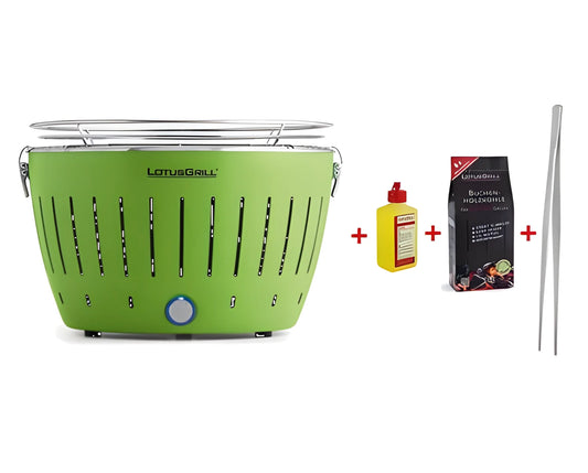 LotusGrill LG G34 U GR Barbecue a Carbone USB Ø32 cm con Kit per partire (Carbonella, Gel accensione e Pinza) Portatile Senza Fumo per Balcone e Outdoor verde
