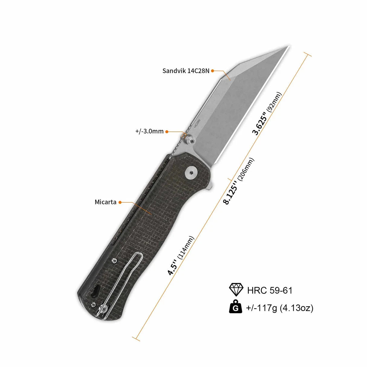QSP coltello serramanico lama acciaio 14C28N manico micarta QS148-A1