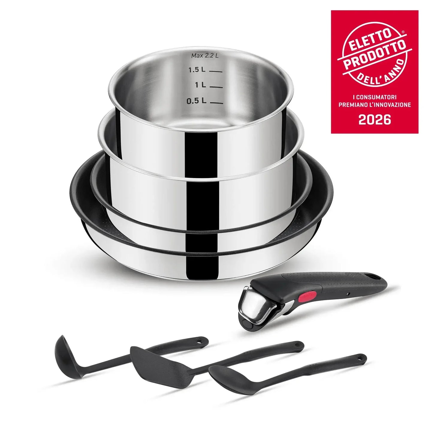 Lagostina Ingenio Inox Set 7 Pezzi | Padelle Antiaderenti Manico Rimovibile Salvaspazio Induzione