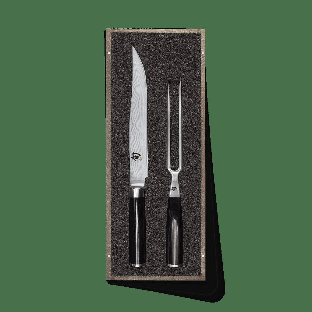 KAI Shun Set da Arrosto – Coltello 20 cm e Forchettone Damascato DMS-200